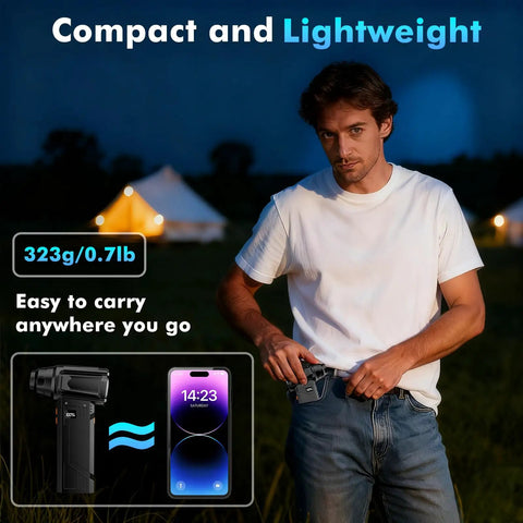 Man holding Beast Mode Cordless Air Duster With LED Light, 180000 RPM Turbo Cleaning Power, pocket-sized, outdoors at night.