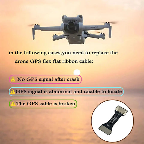 Image showing GPS Ribbon Cable Replacement For DJI Mini 4 Pro Drone GPS Module instructions over a drone and sunset.