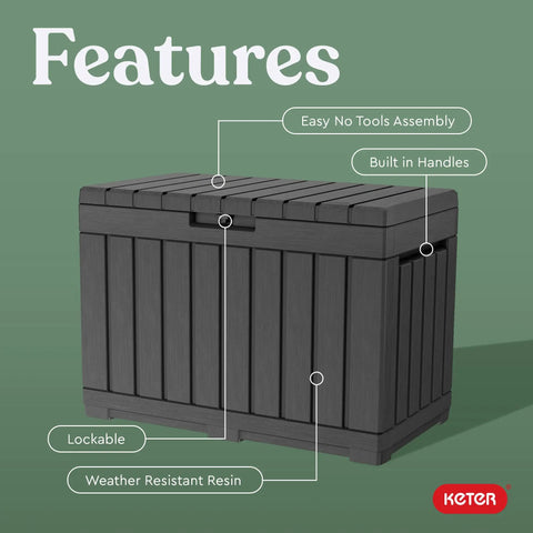 Kentwood 50 Gallon Resin Deck Box For Outdoor Storage And Organization Of Patio Cushions in dark grey, shown with features labeled.
