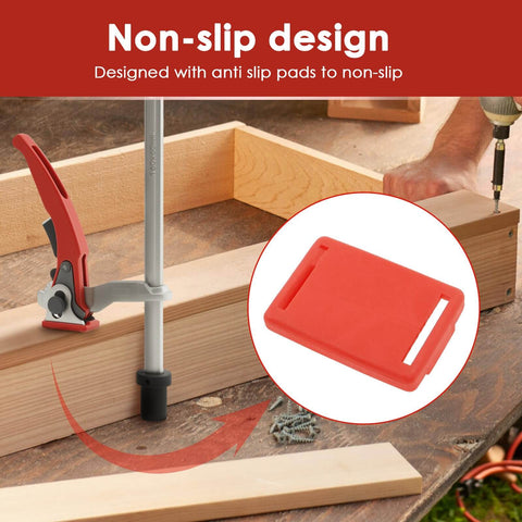 Two Piece Holdfast Dog Hole Clamps Set with Adjustable Range and Multi Angle Ratcheting Table Clamp for Woodworking Tools 20mm Non Slip Chrome Plated Base shown in use on wooden frame.
