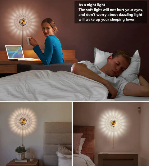 Battery Powered Sunflower Wall Sconce With Vintage Pull Chain 8 Inch Decorative Light For Bedroom Porch Front Door Vanity Cozy Home Vibes Gift For Daughter Uses 3 AA Batteries Not Included in a bedroom setting illuminating softly on walls.