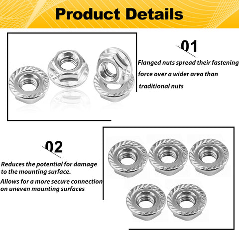 55 Pack M6 Serrated Flange Hex Nuts M6 1 Mm Hexagon Flange Nuts 304 Stainless Steel Metric Fasteners Locknuts Replacement Nut With Plastic Case For DIY Home Projects, showing flange surface design.