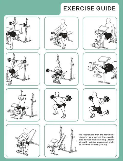 Exercise guide for Beefy 900 Lbs Weight Bench Set With Squat Rack For Home Gym, Preacher Curl, Leg Extension And Bench Press Station