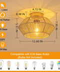 Cozy Boho Rattan Ceiling Light With Handwoven Cage Shade 12.6 Inch Coastal Semi Flush Mount For Bedroom Hallway Nursery Foyer Gold Finish