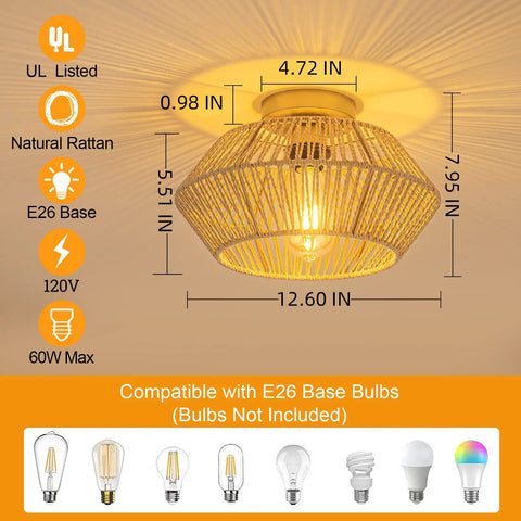Cozy Boho Rattan Ceiling Light With Handwoven Cage Shade 12.6 Inch Coastal Semi Flush Mount For Bedroom Hallway Nursery Foyer Gold Finish