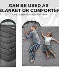 Cozy Yet Lightweight 3-4 Season Sleeping Bag For Adults And Kids, unfolded as blanket with adult and child, for camping, hiking.