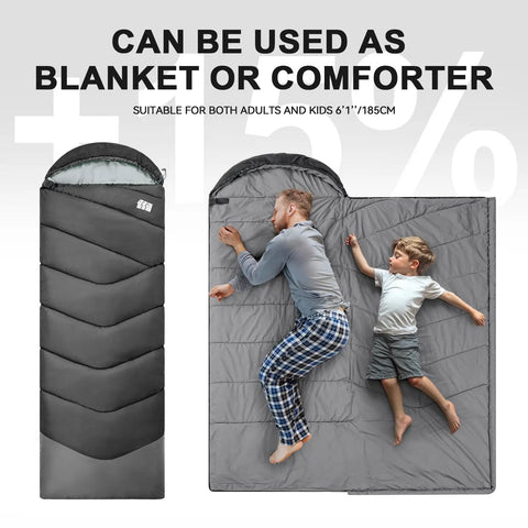 Cozy Yet Lightweight 3-4 Season Sleeping Bag For Adults And Kids, unfolded as blanket with adult and child, for camping, hiking.