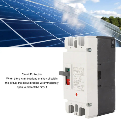 Side view of Two Pole 160 Amp Direct Current Miniature Circuit Breaker 20kA Short-Circuit Capacity 1000V Rating with solar panel background.