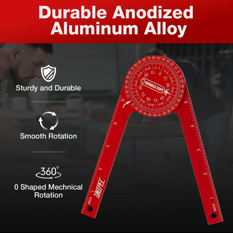 7.3 Inch Aluminum Miter Saw Protractor Angle Finder Tool with Sick Accuracy for Cutting Crisp Crown Molding Baseboard and Trim Corners showing durable anodized aluminum alloy construction.