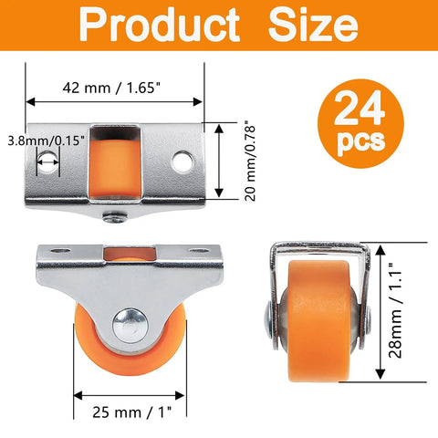 24 Pack 1 Inch Rigid Casters With Sturdy Metal Top Plate Low Profile Fixed Wheels For Furniture And Cabinet Parts Smooth Rolling Mount Kit Included In Bold Orange Finish size and dimensions illustration.