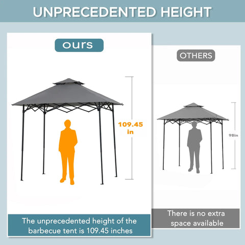 8 By 5 Foot Pop Up Grill Gazebo With Double Tier Standing Height Canopy Magnetic LED Light Adjustable Ceiling Height No Tool Needed Setup In Minutes For Barbecues Picnics And Outdoor Events Gray showing 109.45 inches height comparison