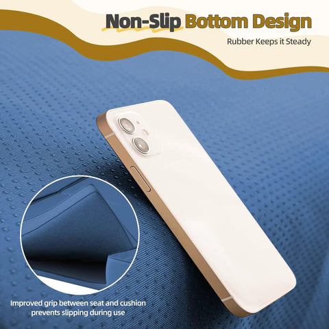 Non-slip rubber design detail of a three seat outdoor porch swing with adjustable canopy and backrest, featuring phone on cushion surface.