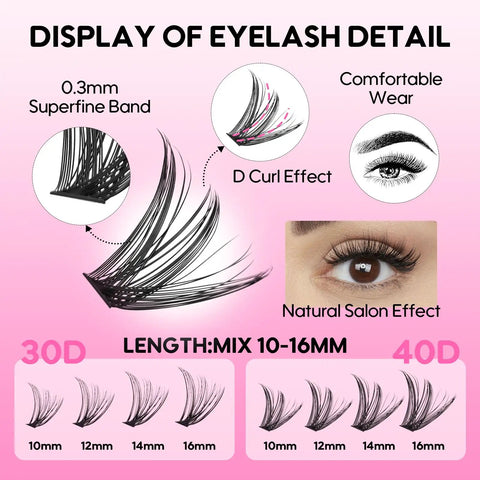 DIY Lash Extensions Kit With 240Pcs 30D And 40D Lash Clusters, 10 To 16mm Thin Band, Soft Natural Lashes Display Detail Chart