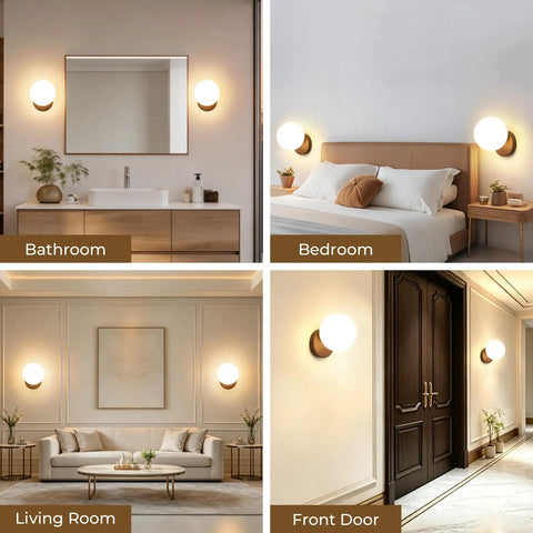 Prosmoon Modern Globe Wall Sconce Set of 2, 3-Color Temperature Adjustable in bathroom, bedroom, living room, and front door.