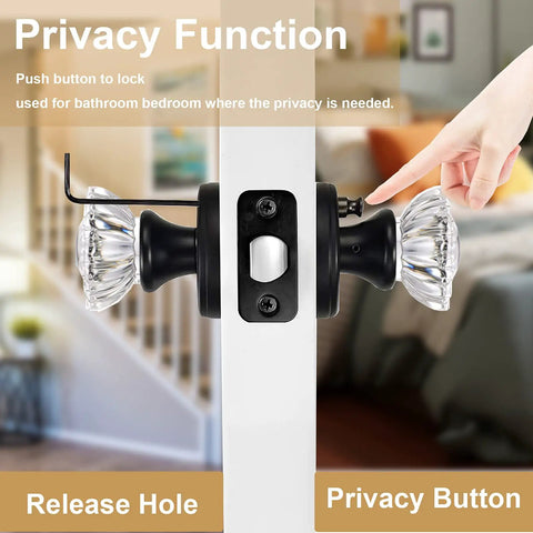 Crystal Glass Door Knobs Set With Lock For Bedroom And Bathroom Vintage Privacy Clear Crystal Interior Knobs Matte Black Finish