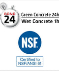 NSF certification logo for heavy duty adhesive use on green and wet concrete for reliable bonding in construction.