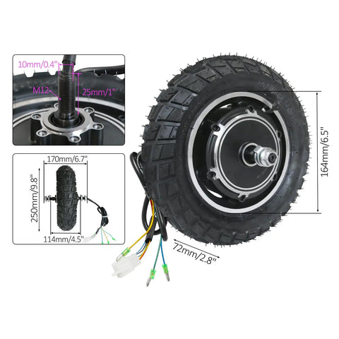 Level Up Your Roll With This 48V 350W Brushless Hub Motor Wheel For Electric Scooter Or Mini Bike Featuring 10X2.5 Inch Tires Heavy Duty Design with motor and tire dimensions