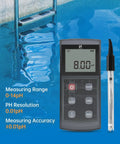 All In One Portable PH Meter With ATC And Large Backlit Display next to a pool, highlighting 0 to 14 range and 0.01 accuracy.