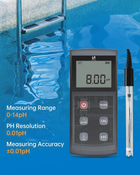 All In One Portable PH Meter With ATC And Large Backlit Display next to a pool, highlighting 0 to 14 range and 0.01 accuracy.