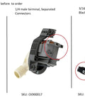 Three washer drain pumps side by side, highlighting CK900016 with 1/4 male terminal block connectors.