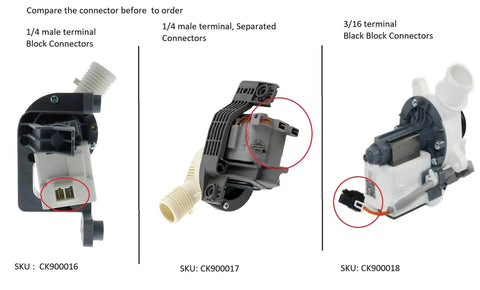 Three washer drain pumps side by side, highlighting CK900016 with 1/4 male terminal block connectors.
