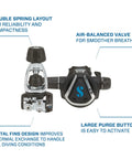 MK11 EVO C370 Dive Regulator System for INT with air balanced diaphragm, forged brass body, metal fins, and large purge button