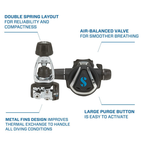 MK11 EVO C370 Dive Regulator System for INT with air balanced diaphragm, forged brass body, metal fins, and large purge button