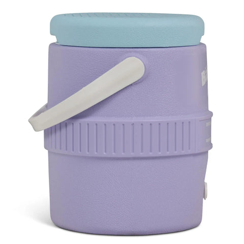 Side view of 2 Gallon Retro Party Water Jug Cooler With Drip Resistant Spigot Thermecool Foam Insulation Lilac Breeze Color