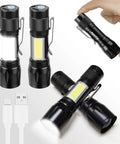 4 Pack Rechargeable Zoomable Mini Clip On Flashlights With Side COB Light USB C Recharge 500mAh Battery Super Lightweight