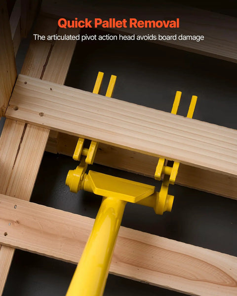 Pallet Buster Tool With 41 Inch Carbon Steel Handle Heavy Duty Wrecking Pry Bar Articulating Head For Non Damaging Wooden Pallet And Deck Removal Fast Easy Pallet Removal Perfect For Quick Deck Board Removal And Reuse, yellow handle removing wooden pallet board
