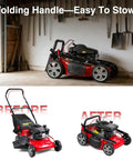 131cc Gas Powered Self Propelled Lawn Mower With Foldable Design Easy Start 3 In 1 Gas Push Mower For Yard And Garden Beast Mode 50L Grass Catcher Rear Wheel Drive Red, folded handle in garage