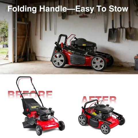 131cc Gas Powered Self Propelled Lawn Mower With Foldable Design Easy Start 3 In 1 Gas Push Mower For Yard And Garden Beast Mode 50L Grass Catcher Rear Wheel Drive Red, folded handle in garage