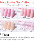 Soak Off UV LED Hema Free Nude Gel Nail Polish Set 4x10ml Natural Sheer Pink Colors showing four nail shades, labeled by layers.