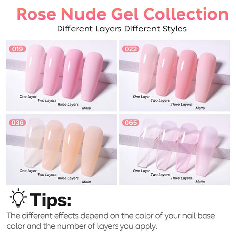 Soak Off UV LED Hema Free Nude Gel Nail Polish Set 4x10ml Natural Sheer Pink Colors showing four nail shades, labeled by layers.