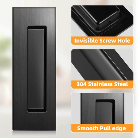Pocket Door Hardware Set With Flush Recessed Pull Handles, Heavy Duty Sliding Edge Pull With Pop Out Ring, Fits Solid Wood Doors