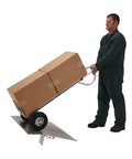 Heavy Duty Aluminum Dock Bridge For Loading Docks And Hand Trucks With Five Hundred Pound Capacity in use with a hand truck and boxes.
