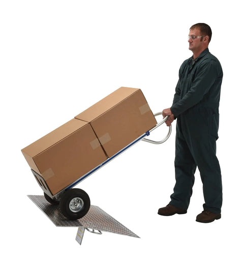 Heavy Duty Aluminum Dock Bridge For Loading Docks And Hand Trucks With Five Hundred Pound Capacity in use with a hand truck and boxes.