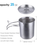Stainless Steel Canteen Water Bottle With Nested Camping Cup And Lid, 25oz cup component with lid and folding handle details.