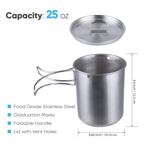 Stainless Steel Canteen Water Bottle With Nested Camping Cup And Lid, 25oz cup component with lid and folding handle details.