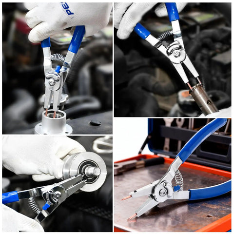 8 Inch Snap Ring Pliers Kit With Interchangeable Tips For Internal And External Rings, shown in automotive repair setting.