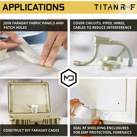 TitanRF Faraday Tape High Shielding Conductive Adhesive Tape Roll One Inch Wide Ten Feet Long With Peelable Backing shown in use for RF enclosures and EMI shielding applications.