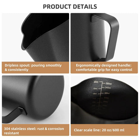 20 Oz Milk Frother Pitcher For Espresso And Latte Art Pen For Foam Stainless Steel Steaming Cup With Nonstick Coating Black Coffee Frothing Cup For Cappuccino And Milk Foam, showing features like ergonomic handle and dripless spout.