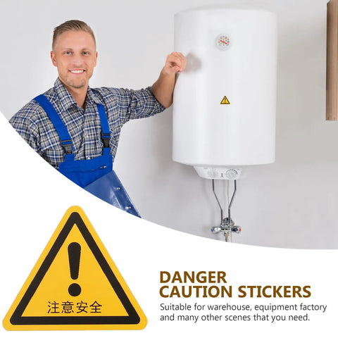 24 Pack Yellow PVC Safety Warning Sign Stickers For Machines And Equipment, Self Adhesive And Weather Resistant shown on white heater