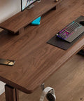 Straight Up Solid Wood Electric Standing Desk With Drawers, Adjustable Height Workbench For Home Office And Gaming Setup, Reliable Motorized Lift Table Built To Last, wooden surface with keyboard and monitor stand.