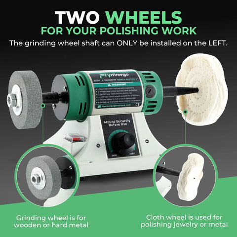Go To Bench Buffer Polisher Kit With Adjustable Speed for Jewelry Making and DIY Projects, displayed with grinding and cloth wheels