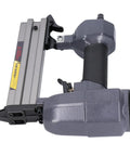 Heavy Duty Pneumatic Brad Nailer And T Nail Gun For Woodworking And Home Improvement Smooth Shooting Stapler close-up view of handle and magazine.