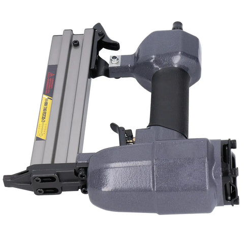 Heavy Duty Pneumatic Brad Nailer And T Nail Gun For Woodworking And Home Improvement Smooth Shooting Stapler close-up view of handle and magazine.