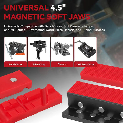 Top Shelf 4.5 Inch Magnetic Soft Jaws For Bench Vise featuring red non-slip grip pads, compatible with various vises and clamps.
