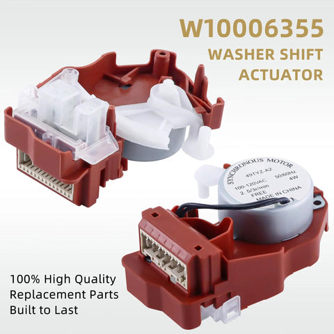 Replacement Washing Machine Shift Actuator WPW10006355 For Front Load Washers Gear Shift Switch Replaces AP6014711 PS11747977 W10006355 And Related Part Numbers Fixes Will Not Start Not Rotating And Slow Spin Issues red plastic washer shift actuator with motor and connector