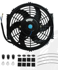 10 Inch Slim Dual Push Pull Radiator Cooling Fan Kit, 12V Universal Black With Mount Brackets, 800 CFM, accessories shown